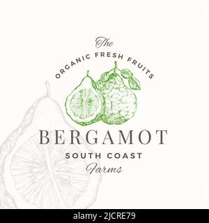 Logo-Vorlage Für Bergamotte-Abzeichen. Handgezeichnete Fruit Citrus Skizze mit Retro Typografie. Premium Pflanzlicher Basis Vegan Food Emblem Isoliert Stock Vektor