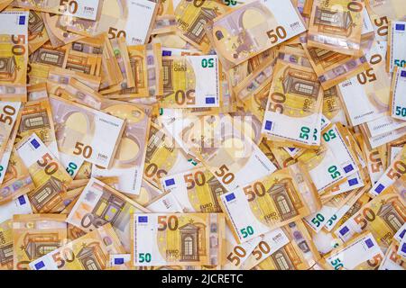 Hintergrund mit fünfzig Euro-Banknoten der Europäischen Union. Stockfoto