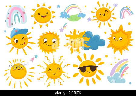 Niedliche Sonne flache Vektor-Aufkleber mit glücklichen Emotionen, Wolken und bunten Regenbogen gesetzt. Lustige Charaktere in Sonnenbrillen, Mütze für Kinder. Cartoon sonnige Smiley-Symbole. Gelbe Sonnen mit positiv ausgedruckten Gesichtern Stock Vektor