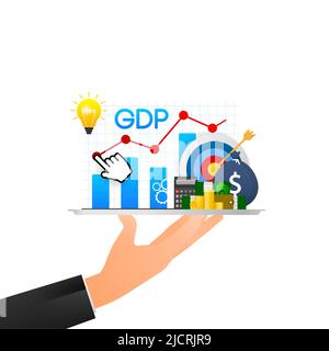 Vektor-Illustration für die Bruttoinlandsproduktrate, die Weltwirtschaft, den nationalen Haushalt.Vektor-Symbol für Unternehmen. Flacher Vektor. Pfeilsymbol. Stockfoto