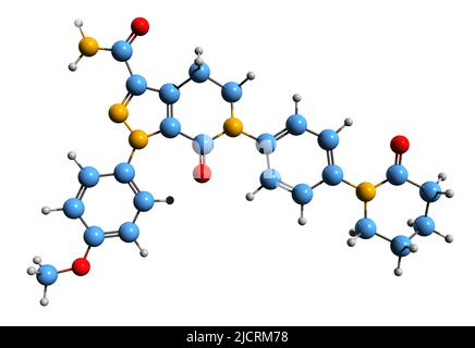 3D Bild der Apixaban-Skelettformel - molekularchemische Struktur von Antikoagulanzien isoliert auf weißem Hintergrund Stockfoto