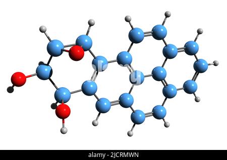 3D Aufnahme von Benzo(a)pyren-7,8-dihydrodiol-9,10-epoxide Skelettformel - molekularchemische Struktur des auf weißem Hintergrund isolierten Metaboliten Stockfoto