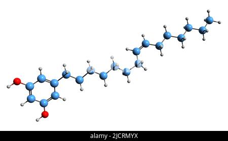 3D Bild der Bilobol-Skelettformel - molekulare chemische Struktur von Alkylresorcinol isoliert auf weißem Hintergrund Stockfoto