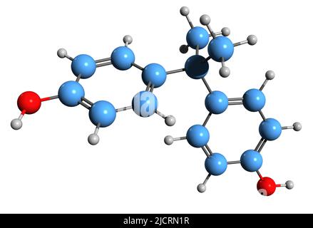 3D Bild von Bisphenol A Skelettformel - molekularchemische Struktur von BPA isoliert auf weißem Hintergrund Stockfoto