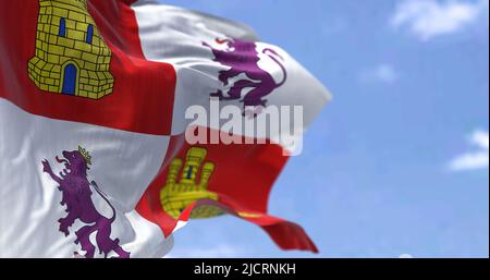 Die Flagge von Kastilien und Leon winkt an einem klaren Tag im Wind. Kastilien und Leon sind eine autonome Gemeinschaft im Nordwesten Spaniens. Stockfoto