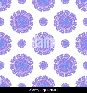 Violette Viruszellen auf weißem Hintergrund nahtloses Muster. Hintergrund des Monkeypox-Virus. Vektorgrafik. Stock Vektor