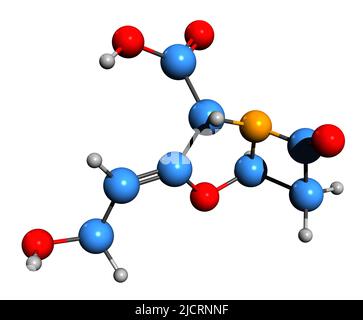 3D Bild der Skelettformel der Clavulansäure - molekulare chemische Struktur des Beta-Lactam-Medikaments auf weißem Hintergrund isoliert Stockfoto