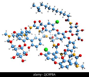3D Bild der Dalbavancin-Skelettformel - molekulare chemische Struktur des Lipoglycopeptid-Antibiotikums, isoliert auf weißem Hintergrund Stockfoto