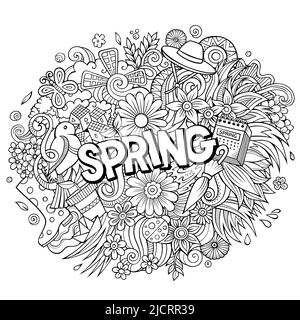 Frühling handgezeichnete Cartoon-Kritzeleien Illustration. Witziges Saisondesign. Stockfoto