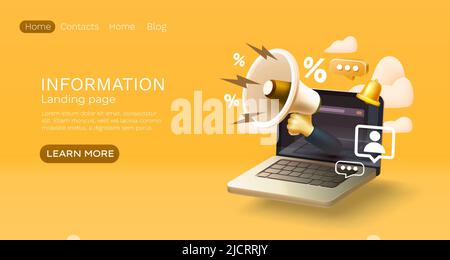 Landing-Page-Laptop-Informationen, Website-Bannernachricht. Vektorgrafik Stock Vektor