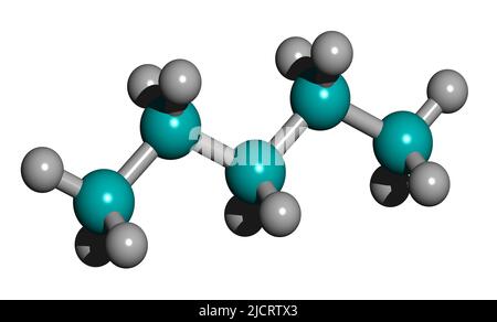 3D Aufnahme der Butan-Skelett-Formel - molekularchemische Struktur von 2-Methylpropan isoliert auf weißem Hintergrund, Stockfoto