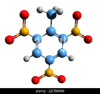 3D Aufnahme der Skelettformel von Trinitrotoluol - molekulare chemische Struktur von Trinitrotoluol oder TNT isoliert auf weißem Hintergrund, Stockfoto