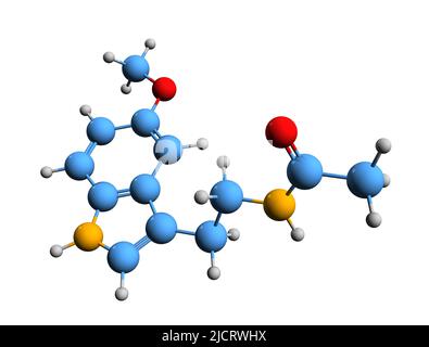 3D Aufnahme der Skelettformel von Melatonin - molekularchemische Struktur von N-Acetyl-5-Methoxy-Tryptamin auf weißem Hintergrund isoliert Stockfoto