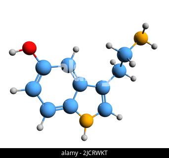 3D Bild der Serotonin-Skelettformel - molekularchemische Struktur von 5-HT oder Enteramin auf weißem Hintergrund isoliert Stockfoto