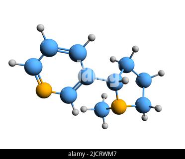 3D Bild der Nikotinskelettformel - molekularchemische Struktur eines potenten parasympathomimetischen Alkaloids, isoliert auf weißem Hintergrund Stockfoto