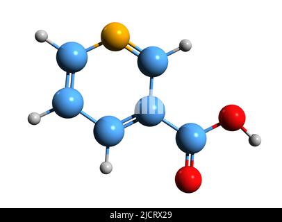 3D Abbildung der Skelettformel der Nikotinsäure - molekularchemische Struktur von Niacin oder Vitamin B3 auf weißem Hintergrund isoliert Stockfoto