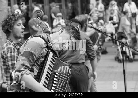 Die Hyde Family Jam Folk Band spielt auf einer Straße in York City, mit einer Nahaufnahme des Akkordeonspielers North Yorkshire, England, Großbritannien. Stockfoto