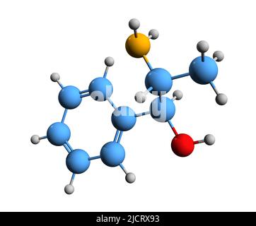 3D Bild der Skelettformel von Norephedrin - molekulare chemische Struktur von Phenylpropanolamin isoliert auf weißem Hintergrund Stockfoto