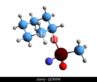 3D Bild der Skelettformel von Cyclohexyl-Methylphosphonofluoridate - molekulare chemische Struktur auf weißem Hintergrund isoliert Stockfoto