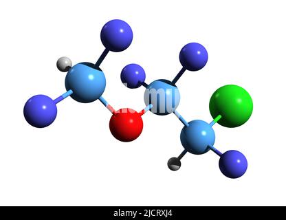 3D Bild der Enfluran-Skelettformel - molekulare chemische Struktur des halogenierten Äthers auf weißem Hintergrund isoliert Stockfoto