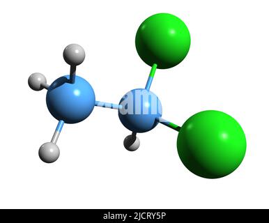 3D Bild der Dichlorethanskelettformel - molekulare chemische Struktur von Ethylendichlorid (EDC) auf weißem Hintergrund isoliert Stockfoto