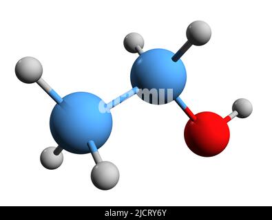 3D Bild der Ethanol-Skelettformel - molekularchemische Struktur von Getreidealkohol auf weißem Hintergrund isoliert Stockfoto