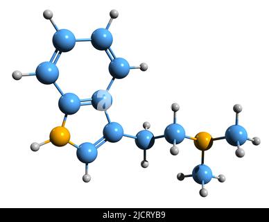 3D Aufnahme der Skelettformel von Dimethyltryptamin - molekulare chemische Struktur des serotonergen Halluzinogen DMT auf weißem Hintergrund isoliert Stockfoto