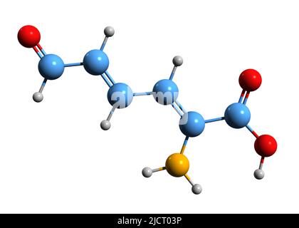 3D Bild der Skelettformel des 2-Aminomukonischen Semialdehyds - molekularchemische Struktur des auf weißem Hintergrund isolierten Metaboliten von Tryptophan Stockfoto