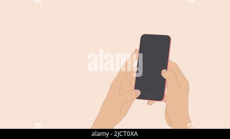 Weibliche Hände, die das Mobiltelefon in vertikaler Position halten. Hände und Smartphone auf rosa Hintergrund. Vektorgrafik. Speicherplatz kopieren. Stock Vektor