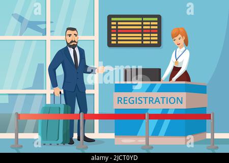 Mann an der Rezeption. Touristen warten auf den Check-in für ihren Flug. Stock Vektor