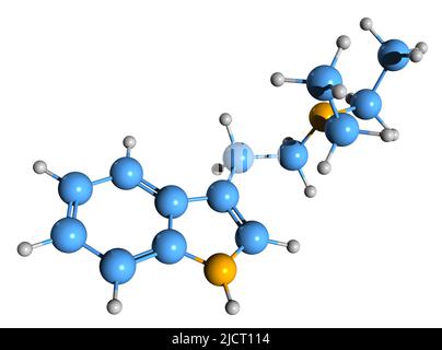 3D Aufnahme der Skelettformel 4-HO-DET - molekulare chemische Struktur von 4-Hydroxy-Diethyl-Tryptamin, isoliert auf weißem Hintergrund Stockfoto