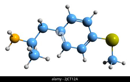 3D Aufnahme von 4-MTA Skelettformel - molekulare chemische Struktur von 4-Methylthioamphetamin isoliert auf weißem Hintergrund Stockfoto