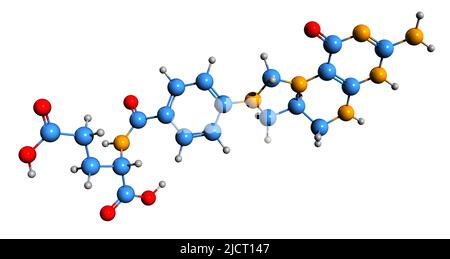 3D Bild der Skelettformel von 5,10-Methylenetetrahydrofolat - molekularchemische Struktur von MTHF isoliert auf weißem Hintergrund Stockfoto