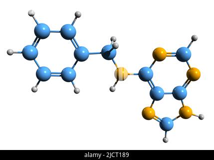 3D Aufnahme der Skelettformel von Cytokinin BAP - molekulare chemische Struktur von 6-Benzyladenin auf weißem Hintergrund isoliert Stockfoto