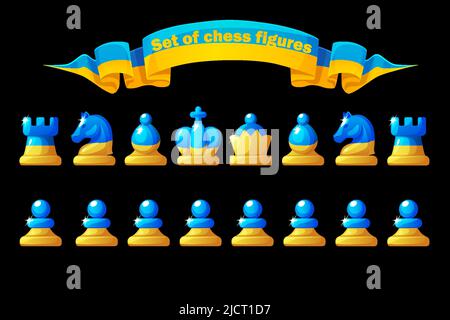 Set Stücke für ein Brettspiel von Schach. Schach in den Farben der Flagge der Ukraine Stock Vektor