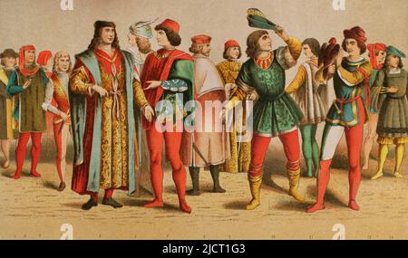 Von links nach rechts, 1: Venetian, 2 und 3: Florentiner, 4, 12 und 14: Seiten, 5 und 6: Adlige, 7 und 8: Venezianische Adlige, 9: Podesta, 10, 11 und 13: Junge Italiener. Chromolithographie. 'Historia Universal' (Universal History), von César Cantú. Band VI. Veröffentlicht in Barcelona, 1885. Stockfoto