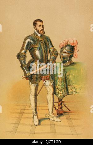 Karl V. (1500-1558). Kaiser und Erzherzog von Österreich (1519-1556), König von Spanien (1516-1556) und Herr der Niederlande als Titularherzog von Burgund (1506-1555). Hochformat. Chromolithographie. 'Historia Universal' (Universal History), von César Cantú. Band VII. Veröffentlicht in Barcelona, 1886. Stockfoto