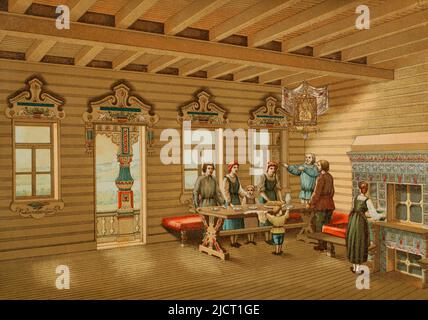 Izba. Traditionelle russische Bauernwohnung, aus Holz gebaut. Der Innenraum einer Izba. Chromolithographie. 'Historia Universal' (Universal History), von César Cantú. Band VII. Veröffentlicht in Barcelona, 1886. Stockfoto