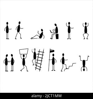 Stickman Figur Vektor Skizze Doodle Illustration Symbole mit verschiedenen Aktivitäten und Objekten Stock Vektor