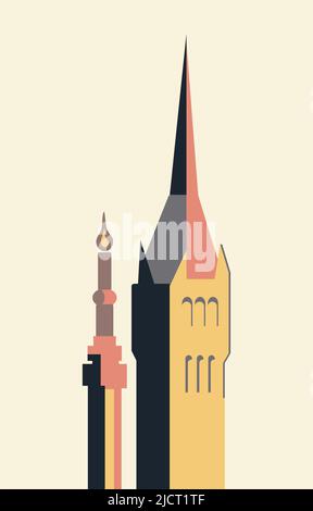 Altes Haus Turm, Burg, Kirche. Vektor-Illustration Satz von einer hohen Sache Gebäude Haus mit Kirchturm. Stock Vektor