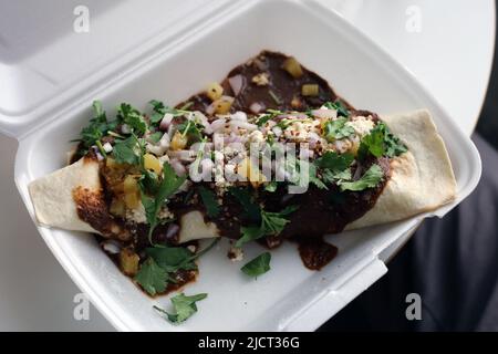 Mexikanische Carnitas enchilada aka Meat enchilada - ein Wrap gefüllt mit Pulled Schweinefleisch, Rise, Bohnen und Gemüse gekrönt mit Gewürzmaulsauce, Gemüse etc. Stockfoto