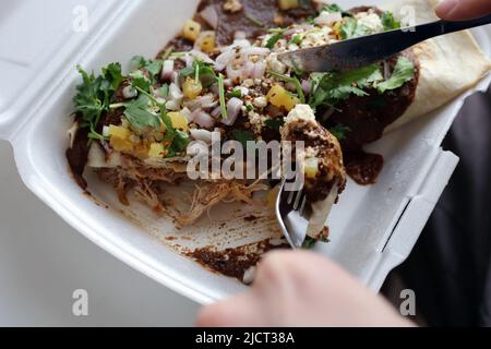 Mexikanische Carnitas enchilada aka Meat enchilada - ein Wrap gefüllt mit Pulled Schweinefleisch, Rise, Bohnen und Gemüse gekrönt mit Gewürzmaulsauce, Gemüse etc. Stockfoto