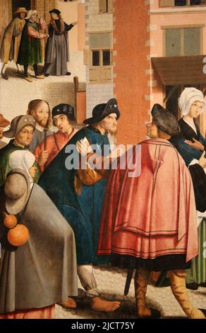 Die sieben Werke der Barmherzigkeit. Meister von Alkmaa, 1504. Öl auf der Platte. Detail eines der Paneele. Rijksmuseum. Amsterdam. Niederlande. Stockfoto