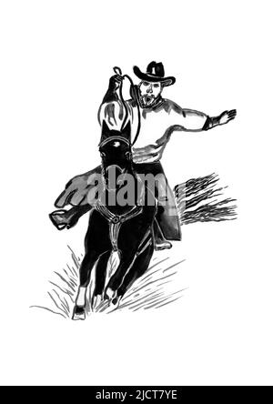 Aquarell schwarz-weiß skizzieren einen Cowboy auf dem Pferd, Rodeo-Cowboy auf einem wilden Pferd, Tuschezeichnung, isoliert auf weißem Hintergrund Stockfoto