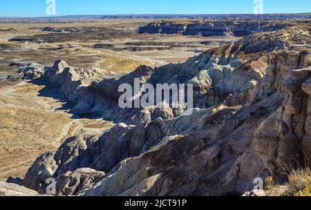 Die Painted Desert an einem sonnigen Tag. Diverse Sedimentgesteine und Ton, ausgewaschen mit Wasser. Petrified Forest National Park, USA, Arizona Stockfoto