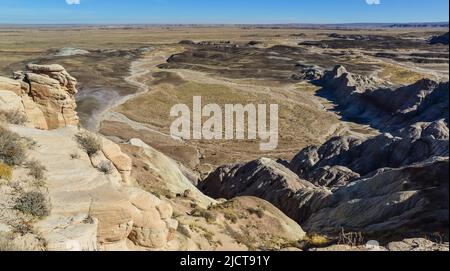 Die Painted Desert an einem sonnigen Tag. Diverse Sedimentgesteine und Ton, ausgewaschen mit Wasser. Petrified Forest National Park, USA, Arizona Stockfoto