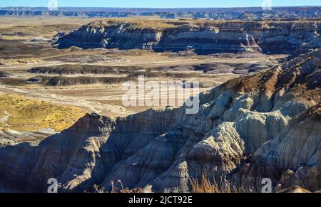 Die Painted Desert an einem sonnigen Tag. Diverse Sedimentgesteine und Ton, ausgewaschen mit Wasser. Petrified Forest National Park, USA, Arizona Stockfoto