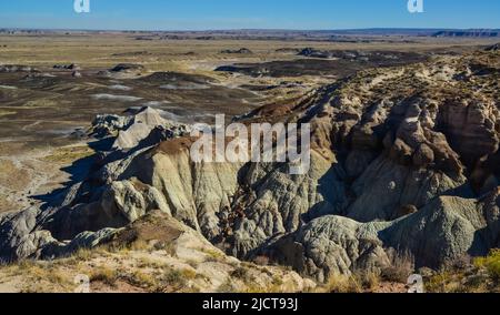 Die Painted Desert an einem sonnigen Tag. Diverse Sedimentgesteine und Ton, ausgewaschen mit Wasser. Petrified Forest National Park, USA, Arizona Stockfoto