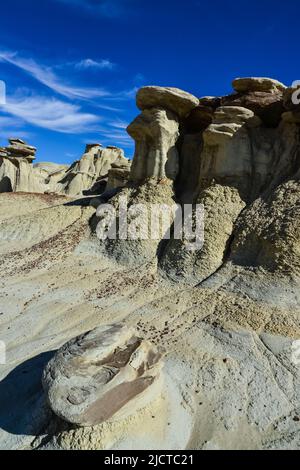 Seltsame Sandsteinformationen, die durch Erosion im Ah-Shi-SLE-Pah Wilderness Study Area im San Juan County in der Nähe der Stadt Farmington, New Mexico, entstehen. Stockfoto