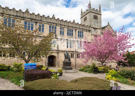 Eine Statue von Charles Darwin sitzt inmitten der Blumen und Kirschblüten vor der Shrewsbury Library, Shropshire, England. Stockfoto